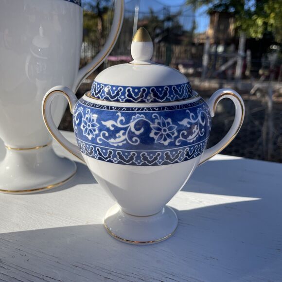 Wedgwood Blue Bokhara Coffee Pot with Gold Trim Sugar Bowl Creamer Set service - Picture 2 of 16